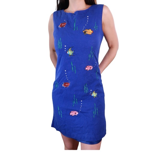 Ultra Dress New York Dresses & Skirts - Cobalt Blue Linen Blend Fish Embroidered Shift Dress Coastal 16P